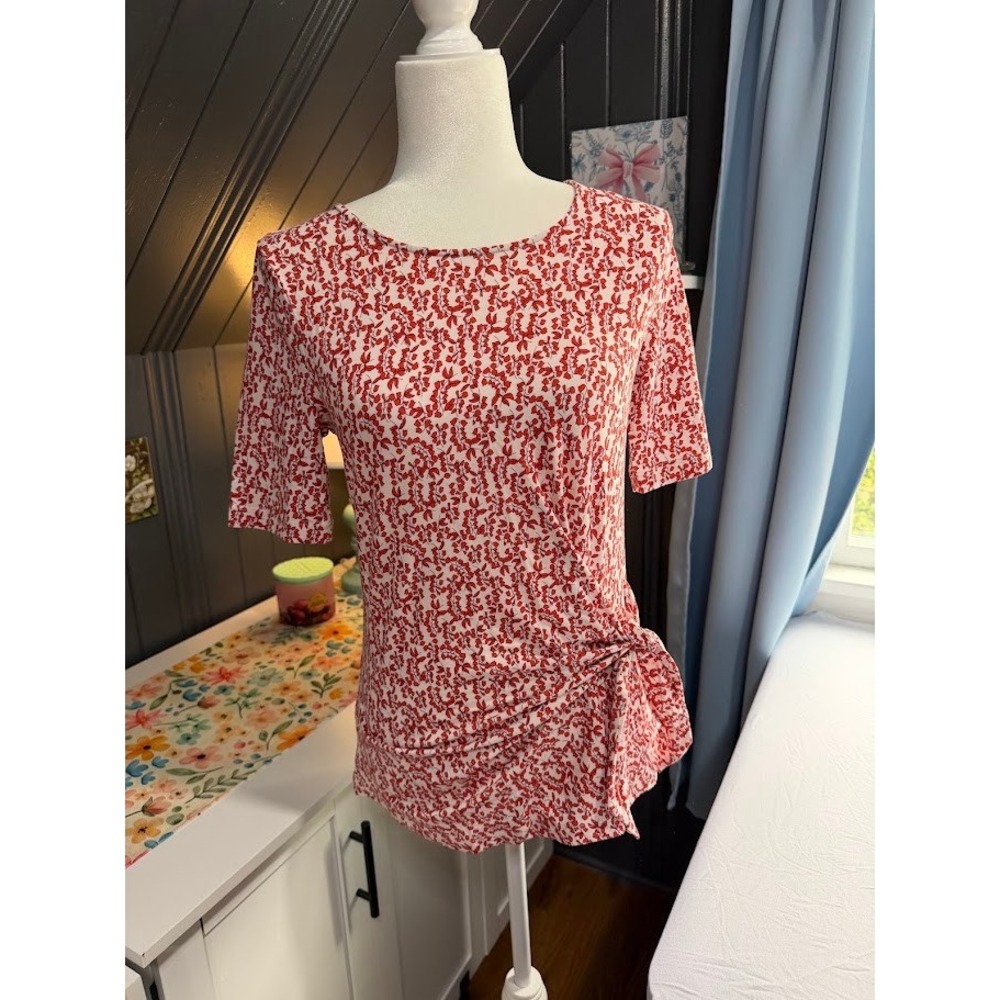 Lands End Womens XS Red White Floral Side Tie Short Sleeve Jersey Knit Top
